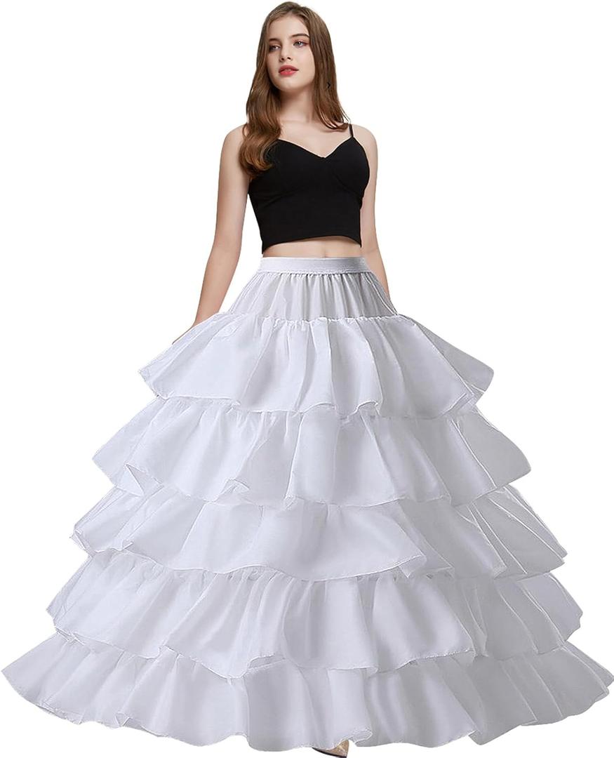 Womens Crinoline 4 Hoops 5 Ruffles Layers Petticoat for Women Half Slips Underskirt for Wedding Dress Ball Gown (One Size, White)