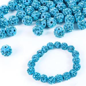 100PCS 10mm Rhinestone Beads, Aquamarine Shiny Round Disco Ball Beads, Rhinestone Clay Beads, Sparkle Crystal Clay Bead for Necklace Bracelet Earring Jewelry Making and DIY Decoration(Blue)