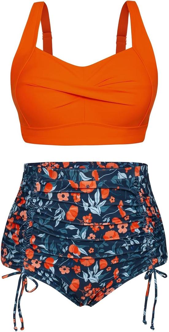 Hanna Nikole Women Plus Size Two Piece Swimsuit Sets Twist Front Bikini Bathing Suit with Drawstring Ruched Bottom, Size 20 Plus (Blue Orange Flowers)