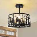 Sloped Rustic Semi Flush Mount Ceiling Light Fixture,3-Light Round E26 Base Black Metal Fixtures with Deer and Bear Design,Industrial Farmhouse Chandelier for Dining Room,Kitchen,Hallway,Bedroom (Rotundity)