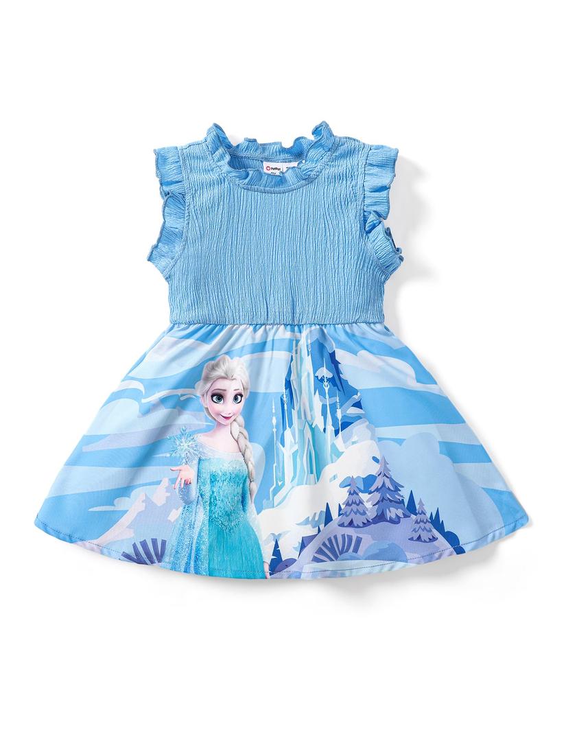 Disney Frozen Elsa Toddler Girl Dress Light Blue Ruffle Sleeve Casual Summer Smocked Sundres Kids Birthday Party Outfits Clothes 4-5T (Blue)