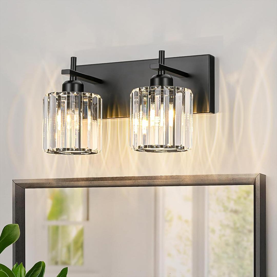 Black Crystal Bathroom Vanity Lights, Modern 2-Lights Bathroom Lighting Fixtures Over Mirror, Crystal Wall Lighting with Round Shade