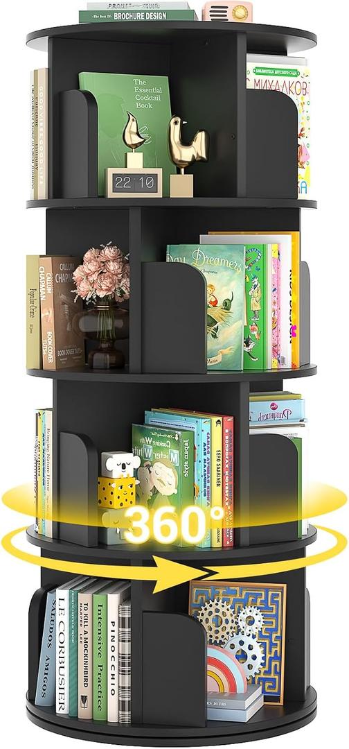 Besiost Rotating Bookshelf, Wood Corner Bookshelf, 360 Display Spinning Bookcase Storage Rack, 4 Tier Floor Standing Revolving Bookcase Narrow Book Shelf Organizer for Small Space, Bedroom, Black, 4 Tier, 51.2" H