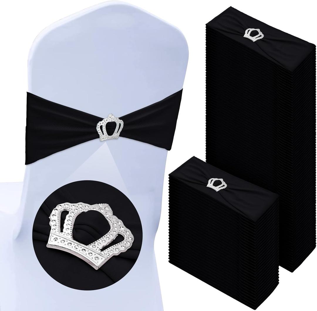 VitalCozy 100 Pcs Spandex Chair Sashes with Crown Buckle Slider Stretch Chair Bands Cover Ties for Wedding, Banquet, Gala, Corporate Event, Birthday Party, Baby Shower(Black)