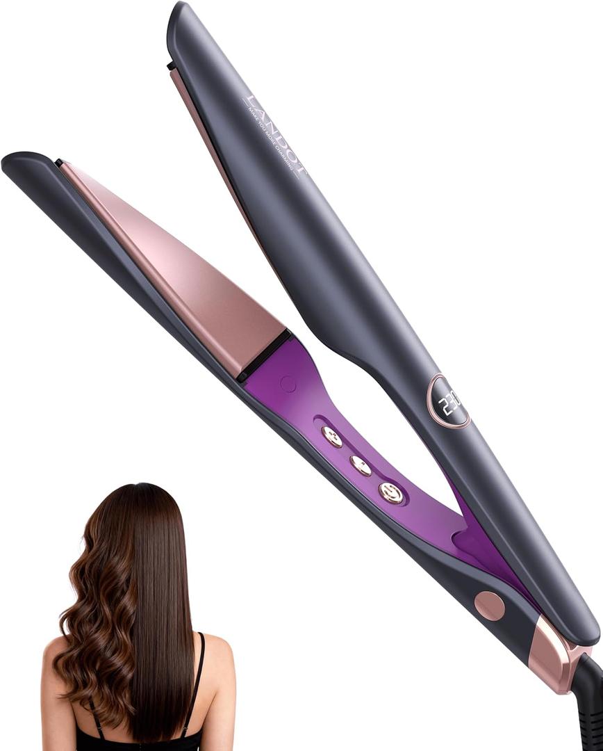 LANDOT 2-in-1 Hair Straightener Curling Iron - Twist Floating Plates for Curl & Straight, Anti-Frizz & Tangle-Free, Dual Voltage Adjustable Temp 250-450F for All Hair Types