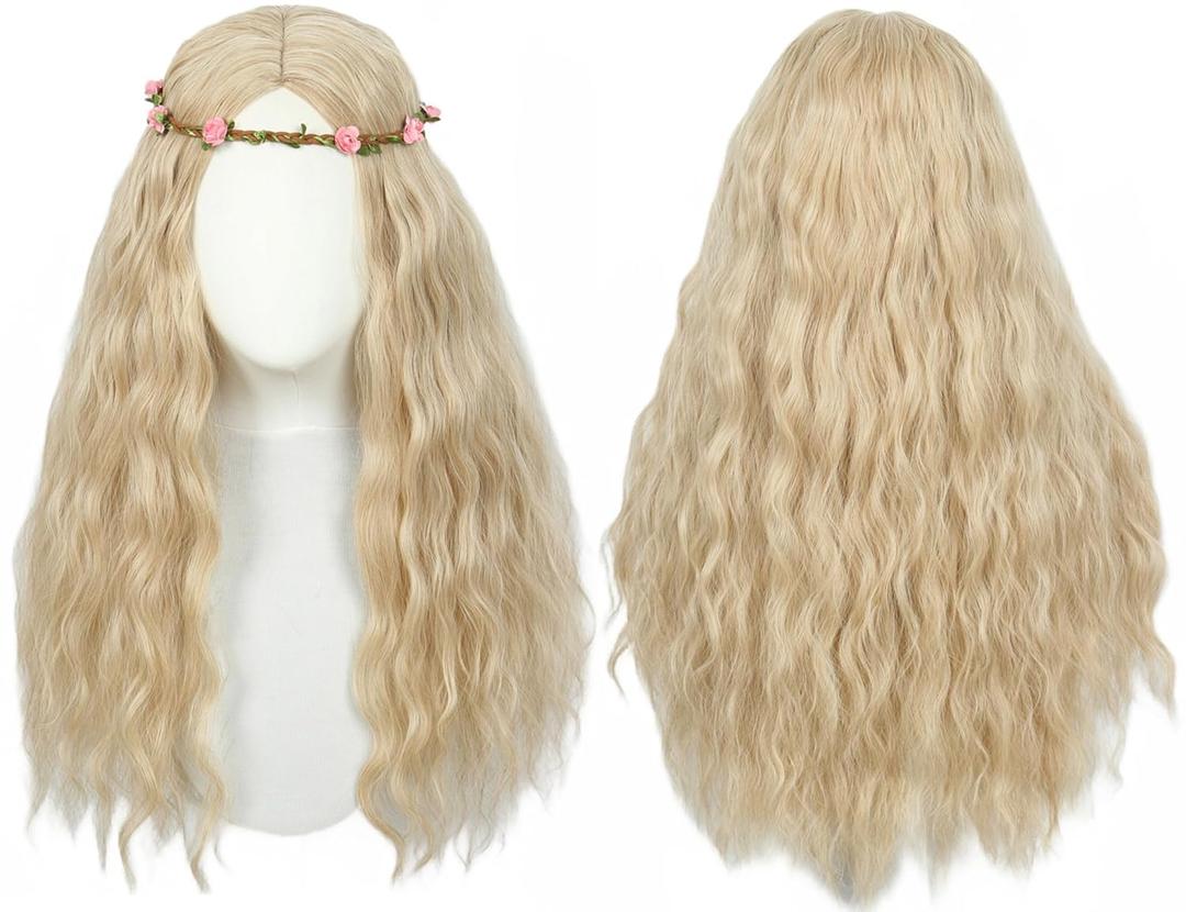 Linfairy Long Wavy Hippie Wigs for Women 70s Halloween Cosplay Costume Wig for Party With Flower Crown