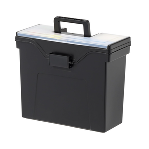 Portable File Box With Handle, Slim w/Organizer Lid, Plastic File Organizer Box for Letter Files, Hanging Filing Folder Organizer, Lockable, Secure Buckle, Black