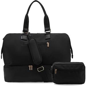 Weekender Bags for Women, Large Travel Duffel Bag with Shoes Compartment, Carry On Overnight Tote Bags with Toiletry Bag (45L, 45L-Black)