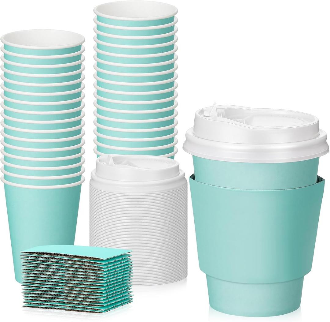 Patelai 48 Pcs 12 oz Disposable Coffee Cups with Lids and Sleeves Bulk, Insulated Hot Chocolate Paper Cup for Hot and Cold Beverage Water Juice Cocoa Tea Party Restaurants Travel Supplies (Green)