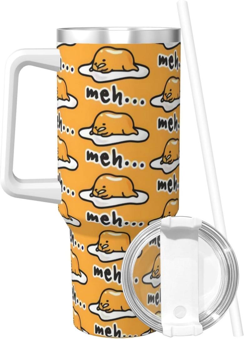 PTONUIC Gudetama Cute 40 oz Tumbler with Handle and Straw Lid | Insulated Cup Reusable Stainless Steel Water Bottle Travel Mug Cupholder Friendly | Gifts for Women Men Him Her