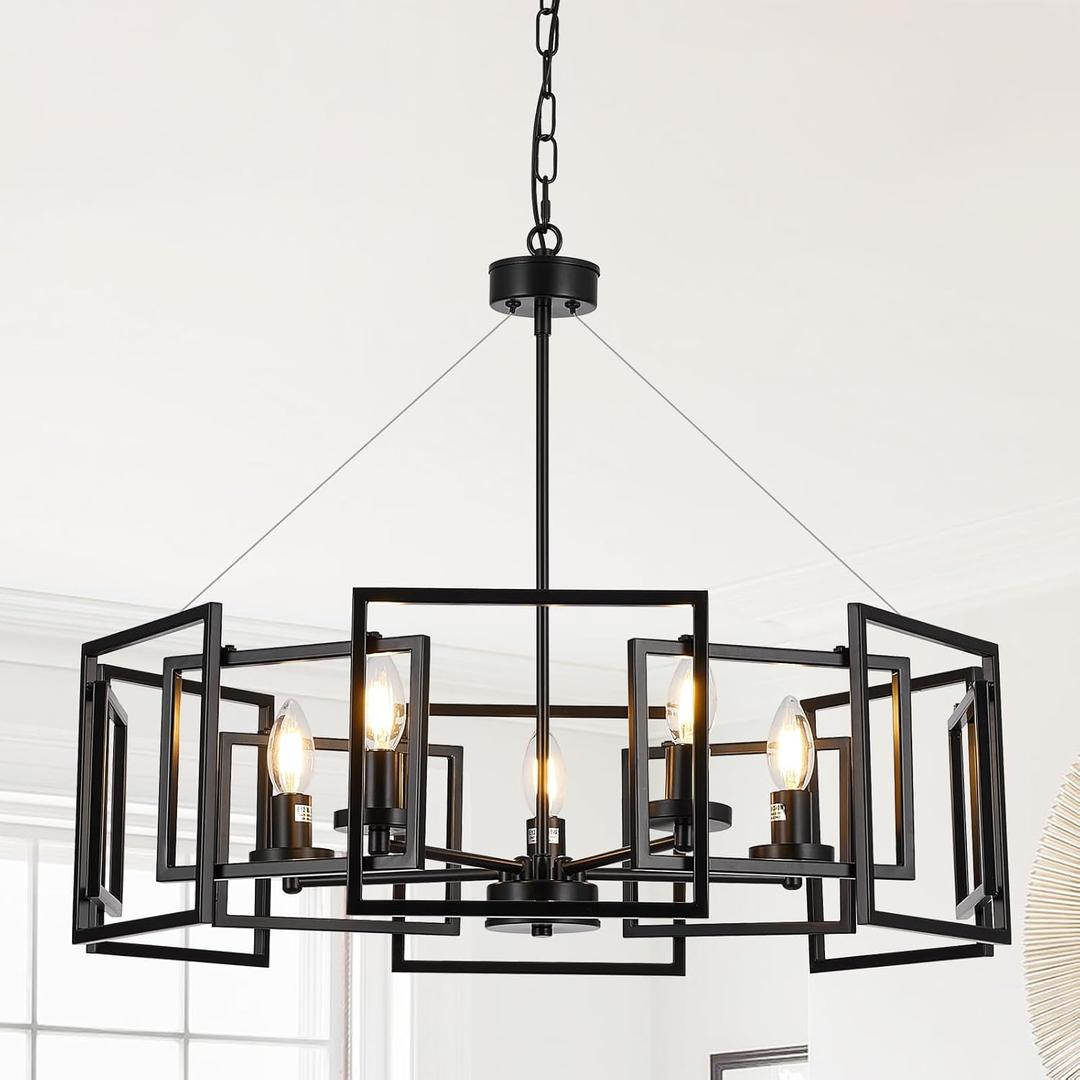 5-Light Black Geometric Chandelier,Height Adjustable Industrial Chandelier for Dining Room,Modern Farmhouse Chandelier Light Fixture over Table,for Bedroom,Living Room,Entryway,Bulbs Not Included