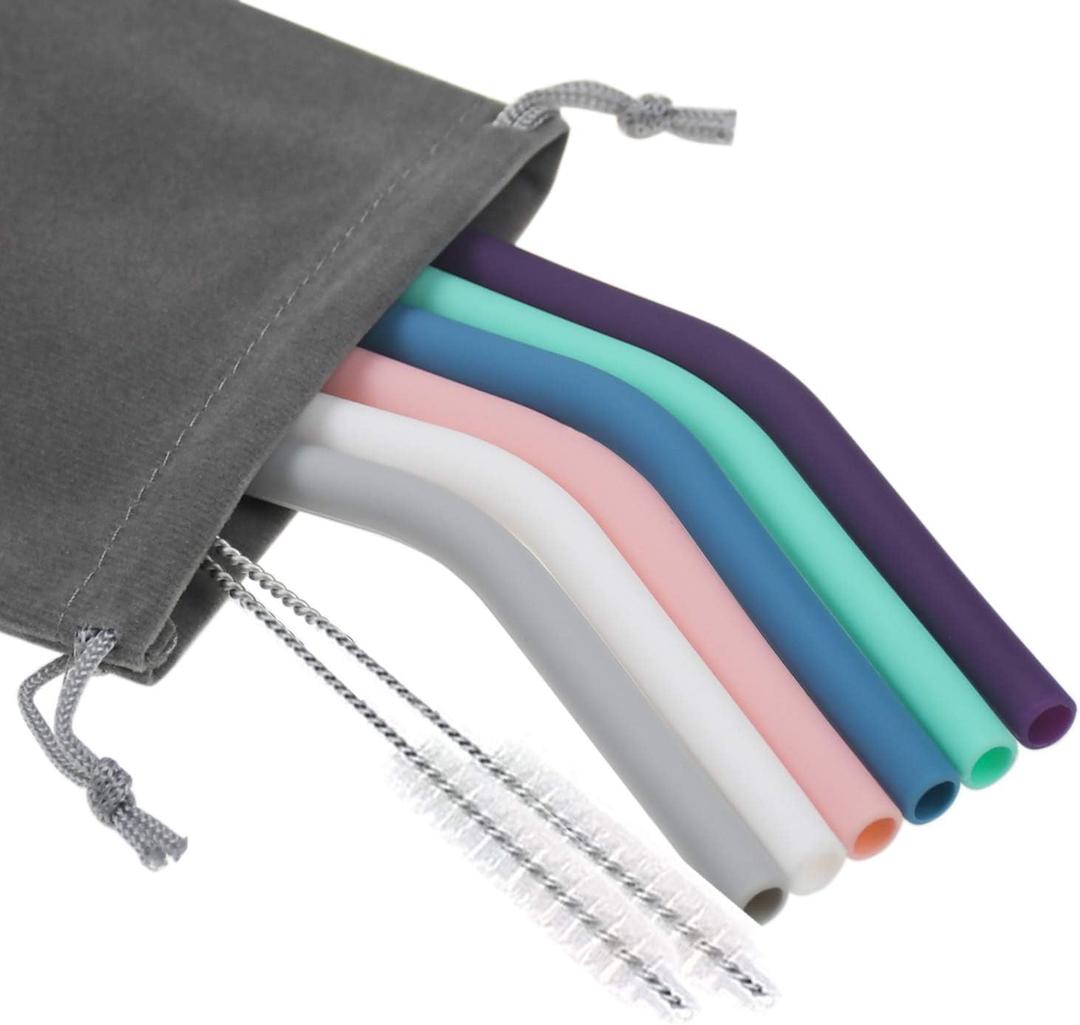Senneny Set of 6 Silicone Drinking Straws for 30oz and 20oz - Reusable Silicone Straws BPA Free Extra Long with Cleaning Brushes- 6 Bent- 6mm diameter (Blue, Gray, White, Pink, Teal, Purple)
