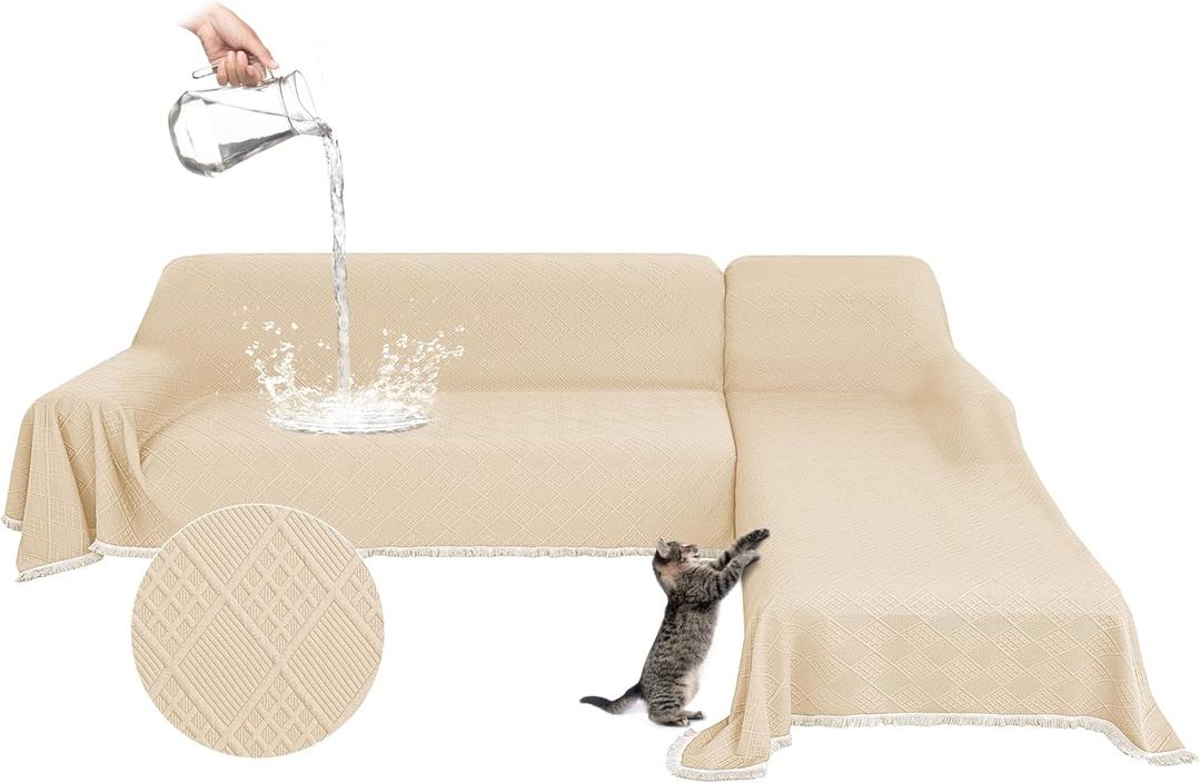Waterproof L Shaped Sectional Couch Covers Blanket 2 Piece Sectional Sofa Cover Washable L Shape Sofa Slipcover Jacquard Quilted Furniture Protector for Dogs Pets Cats (XX-Large, Light Beige)