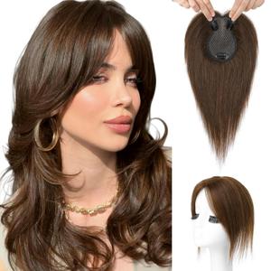 Flufymooz 100% Real Human Hair Toppers for Women, 10 Inch Clip in Human Hair Topper for Thinning Hair, 3603D Cover Clip in Bangs Natural Hairpiece With 4.5'' x 3'' Silk Base-Medium Brown