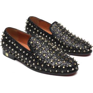 Men's Studded Loafers Spikes Rivets Luxury Dress Wedding Party Prom Shoes (8, Black Gold)