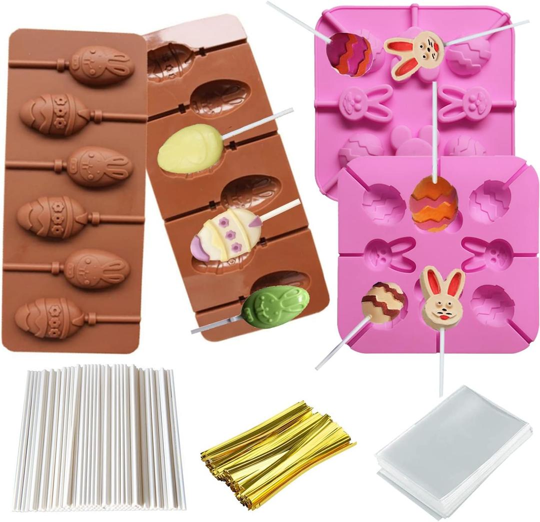 2 Pack Easter Lollipop Silicone Candy Molds Silicon chocolate Lollipop Molds 8 Cavity Bunny Egg Molds Including 80 Lollipop Sticks+100 Pcs Candy Treat Bags+100 Twist Ties (Pink)