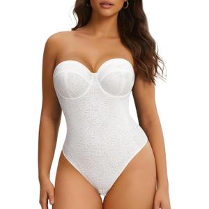 Nebility Strapless Shapewear Bodysuit for Women - Thong Body Suits Tummy Control Body Shaper Underwire Lace Corset Tube Top (Medium, White)