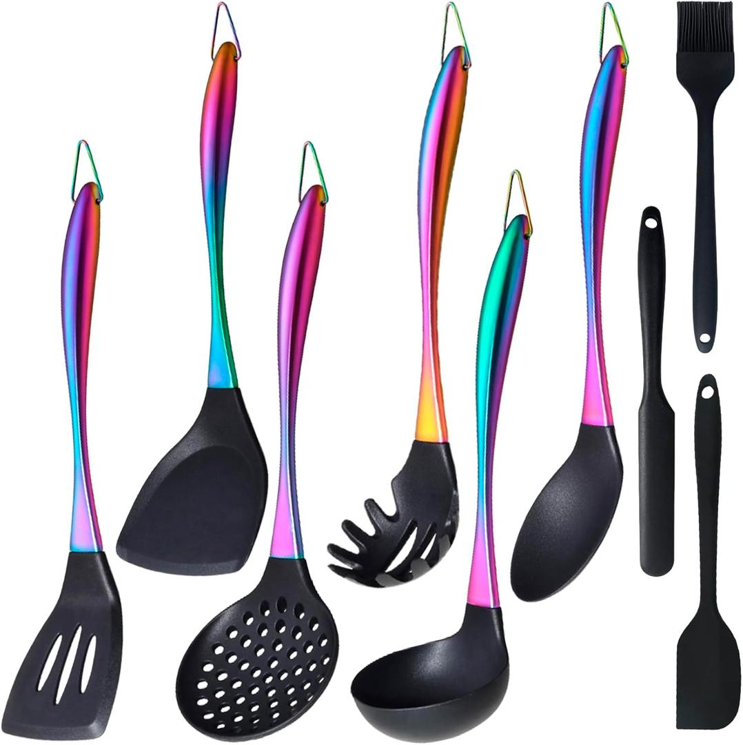 Silicone Cooking Utensils Set, 9Pcs Kitchen Utensil Set with Stainless Steel Handle, Heat-Resistant Silicone Utensils for Cooking, Non-Stick Spatula Set with Spoons, Turners, Ladle (Rainbow)