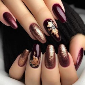 Autumn Press on Nails Medium Coffin Fake Nails Glitter Gold Burgundy False Nails with Yellow Maple Leaves Design Glossy False Nails Press Ons Glue on Nails for Women Manicure 24 PCS Pack Of 4