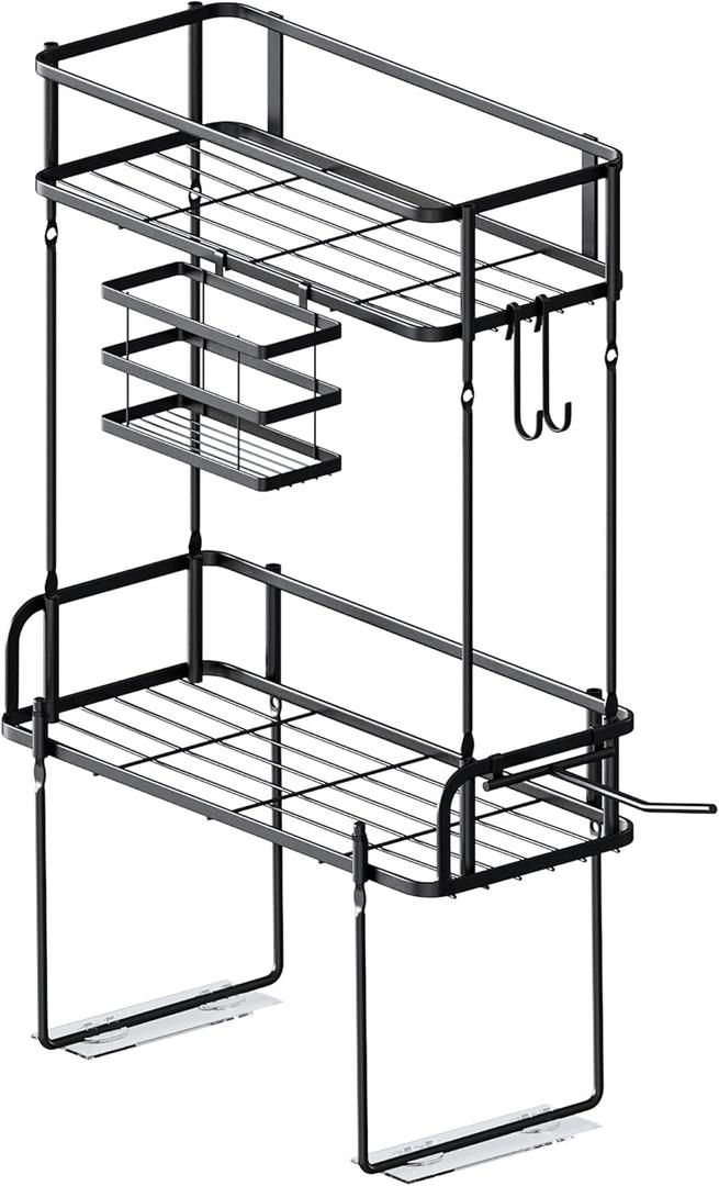 Bathroom Organizers, Upgrade Punch-Free Toliet Storage Shelf, Multifunctional Bathroom Storage Rack with 2 Removable Hooks & Paper Holder, Wall Mounted Shelf