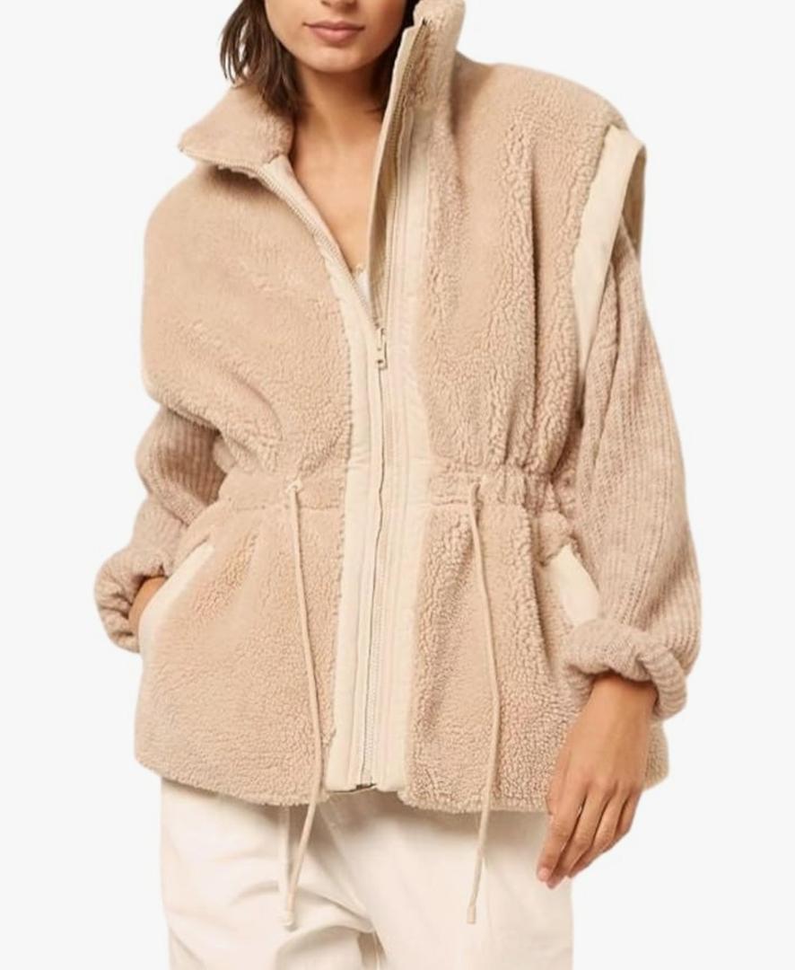 Gozoloma Womens Fleece Vest Zip Up Cap Sleeve Sherpa Jacket Loose Fit Inner Puffer Quilted Outwear with Waist Tie and Pockets Small