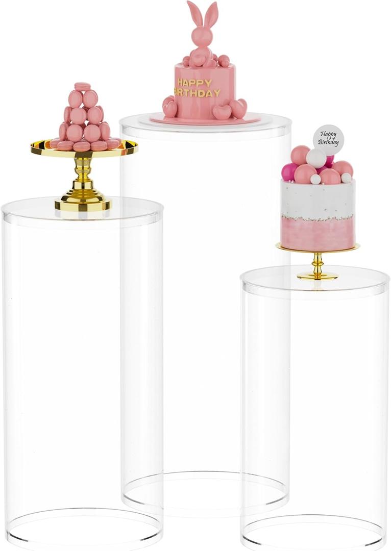 Putros Cylinder Pedestal Stands 3Pcs Clear Round Cylinder Pedestal Display Plinth Pillars for Wedding Party Decor 35.4''(L),29.5''(M),23.6''(S)