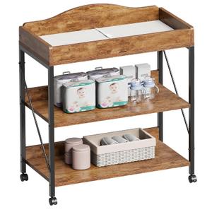 Baby Changing Table, Diaper Station with Pad, 2-Tier Shelves, Rustic Brown