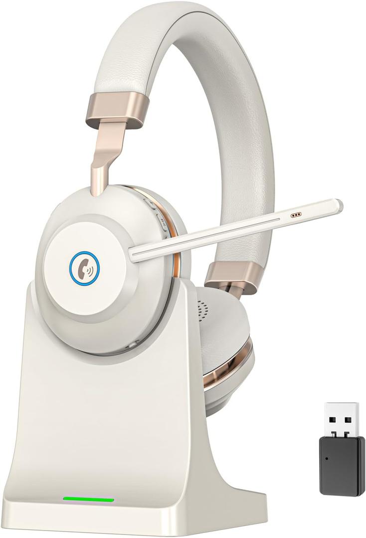Wireless Headset with Mic for Work, Bluetooth Headphones with Mic Mute & USB Dongle, V5.2 Bluetooth Headset with Microphone Noise Canceling & Charging Base, 45Hrs for Meetings/Office/Call Center/Teams