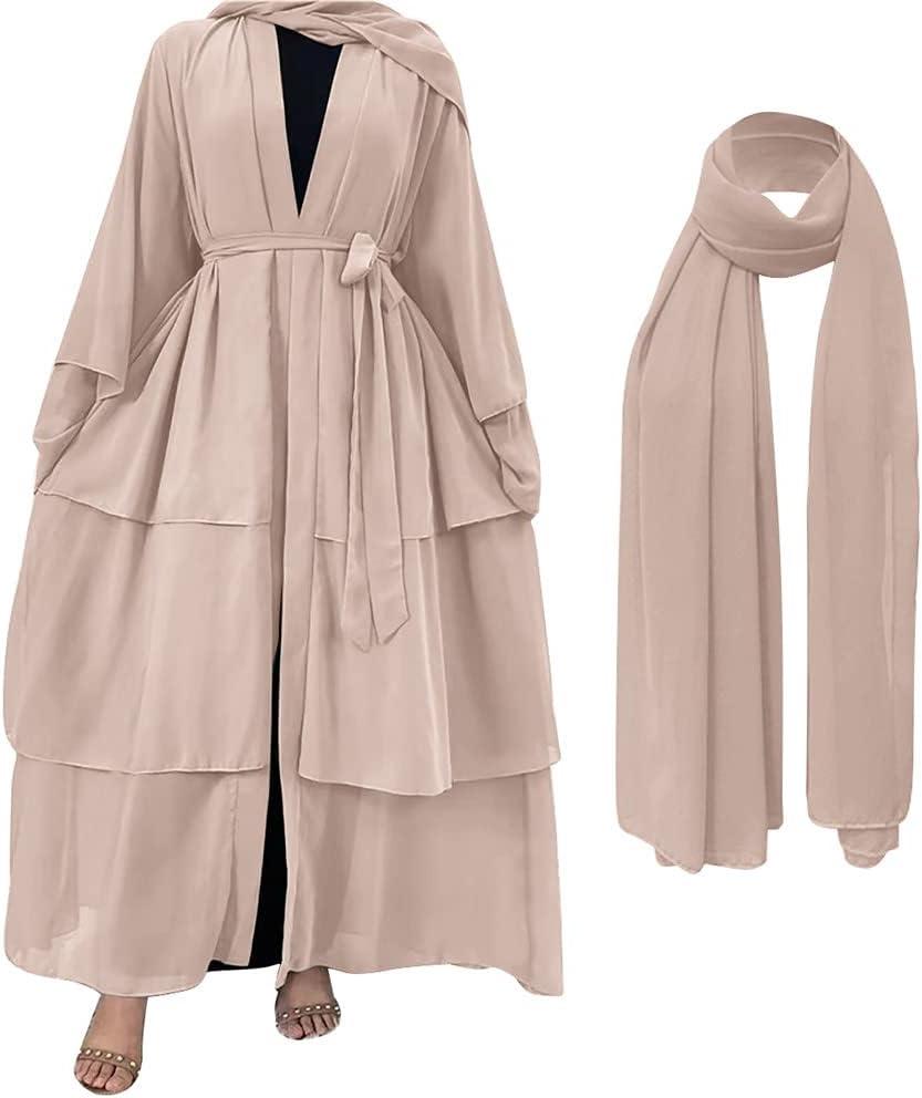 Muslim Chiffon Abaya for Women Open Front Cardigan Modest Dress with Hijab Scarf Middle East Arabian Robe Islamic Long Dress, XXL
