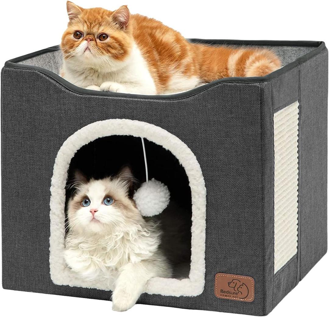 Bedsure Cat Beds for Indoor Cats - Large Cat Cave for Pet Cat House with Fluffy Ball Hanging and Scratch Pad, Foldable Cat Hideaway, 16.5x16.5x13 inches, Dark Grey (Single)