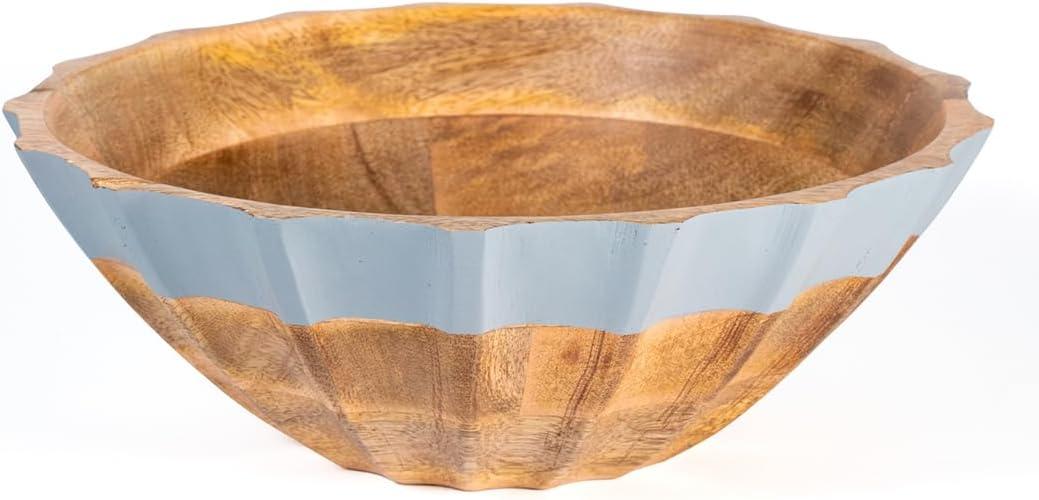 Folkulture Natural Wave Salad Bowl | 11 Large Mango Wood Serving Bowl with Dual Ribbed Design | Wooden Bowl for Salad, Fruit & Pasta | Kitchen Island & Dining Table Dcor