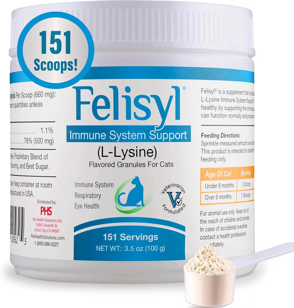 Felisyl L-Lysine Granules for Cats 100g (3.5 oz, 310 Servings)  Supports Immune, Respiratory, and Eye Health. Eases Sneezing, Runny Nose, and Watery Eyes. Tasty Salmon Flavor - Made in The USA