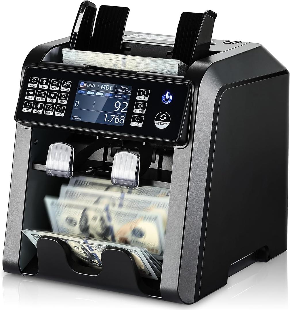 MUNBYN IMC08 Dual Money Counter Machine Mixed Denomination with Reject Pocket, Value Counting, Counterfeit Detection 2 CIS/UV/MG/IR, Sort&Print Enabled Cash Counter, Mixed Bill Counter (Black), 30.2 x 23.9 x 19.5 cm