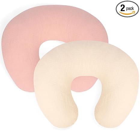 Nursing Pillow Cover,Muslin Cotton,Removable Cover for Breastfeeding Pillows, 2-Pack Pillow Covers, Ultra-Soft Baby Nursing Pillow, Fits Newborn Feeding Pillow 22.5IN*18IN (Pink & Cream)