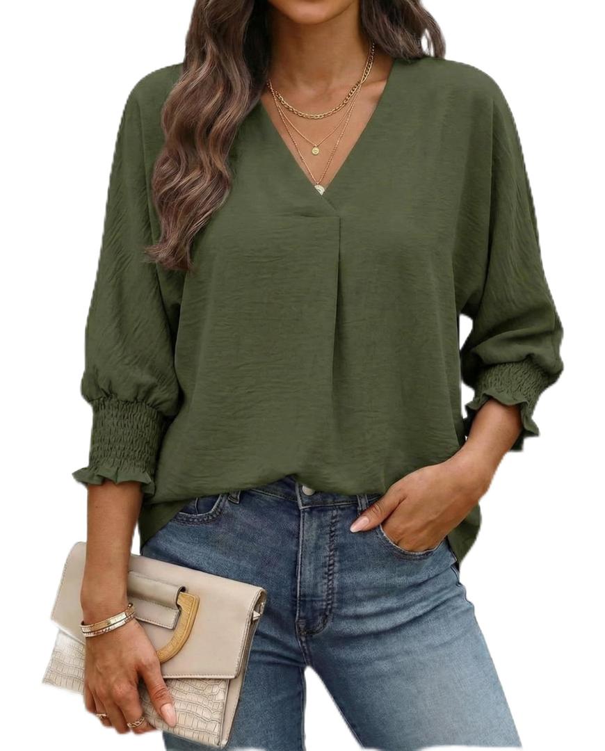 Cuffbow Women Blouses Dressy Casual V Neck 3/4 Length Sleeve Tops Business Work Blouses Office Tunic Shirt with Smocked Cuffs(Green,Small) (Green, S)