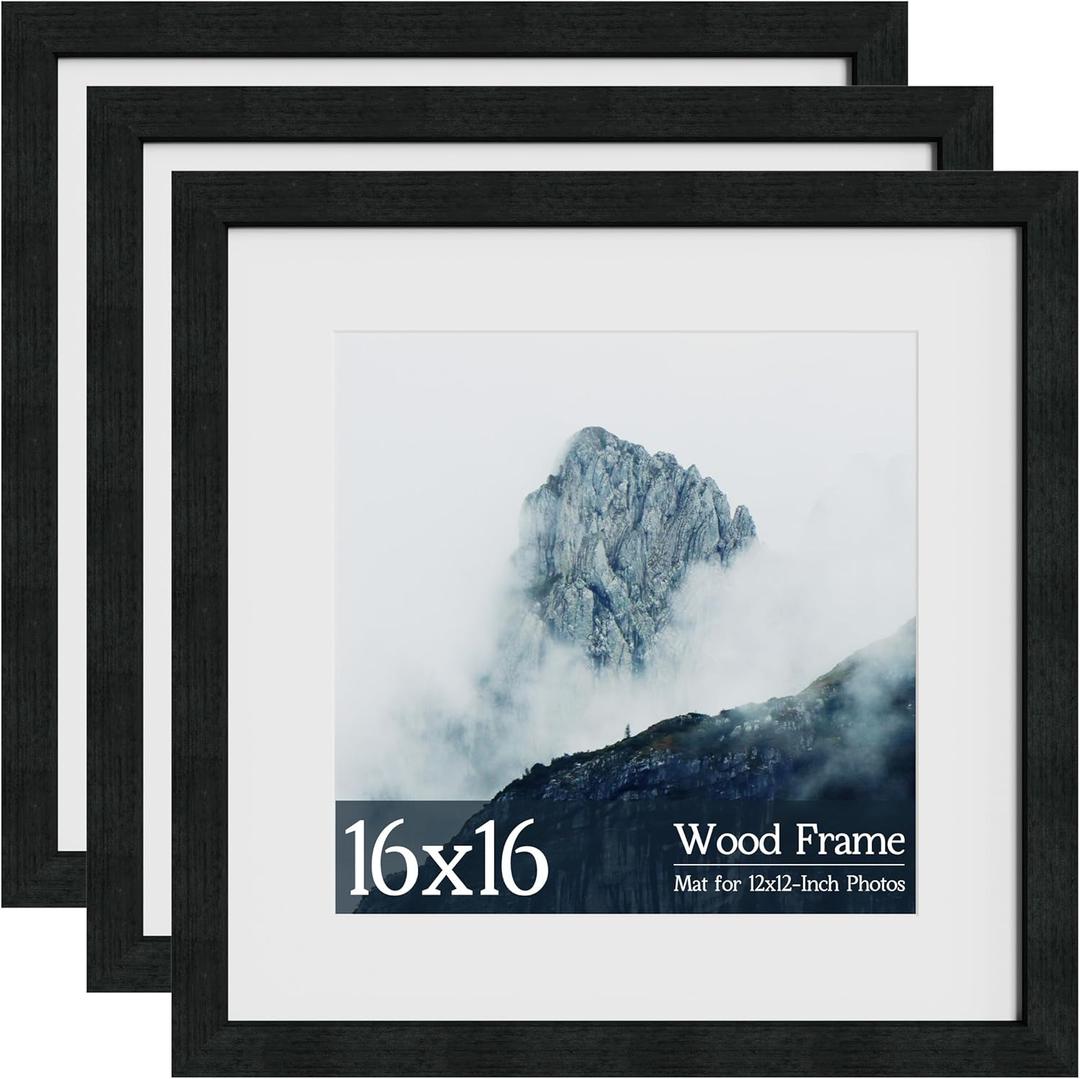 16x16 Square Picture Frame 3 Pack, Solid Real Wood Grain, Displays 12x12 with Mat or 16x16 Without Mat, Wall Gallery Poster Frames, Black