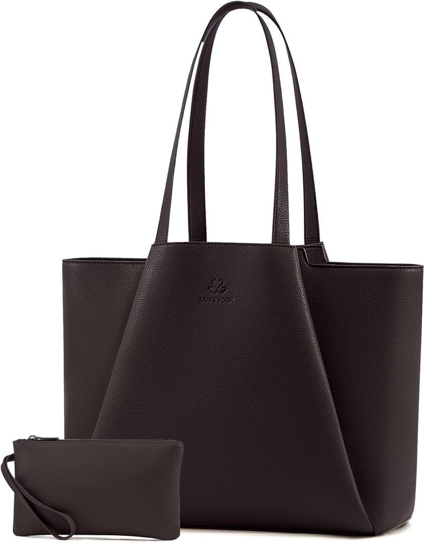 LOVEVOOK Laptop Tote Bag for Women - 15.6 Inch Faux Leather Work Tote Bag For women with Clutch, Large Capacity Office Purse for Casual Business Travel, Coffee