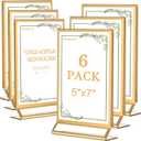 Petallush 6PCS Gold Acrylic Picture Frame Stands Holders for Tables Display 5x7, Double Sided Acrylic Wedding Table Number Sign Holder, Clear Menu Flyer Paper Holder for Wedding Party Decor