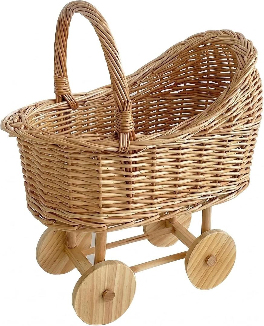 Woven Rattan Stroller Shaped Flower Basket with Handle, Versatile Trolley Decorative Flower Basket, Wicker Baby Carriage, Handwoven for Weddings, Baby Showers, Floral Arrangements