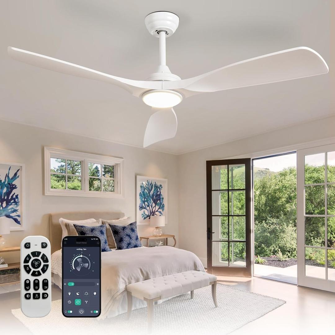 Outdoor Ceiling Fan with Light: 52 Inch 3 Blade Outdoor Fans for Patios - Modern White Ceiling Fan with Dimmable Light Remote APP Control Ultra Quiet Reversible DC Motor Timer