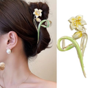 HIFANMM Flower Hair Clips Metal Alloy Hair Accessories for Women Girls, Yellow Lily Hair Claw Clips Pearls Cute Fashion Spring Summer Hairpins Shark Strong Hold Non Slip Large Jaw Clip 2 Pcs