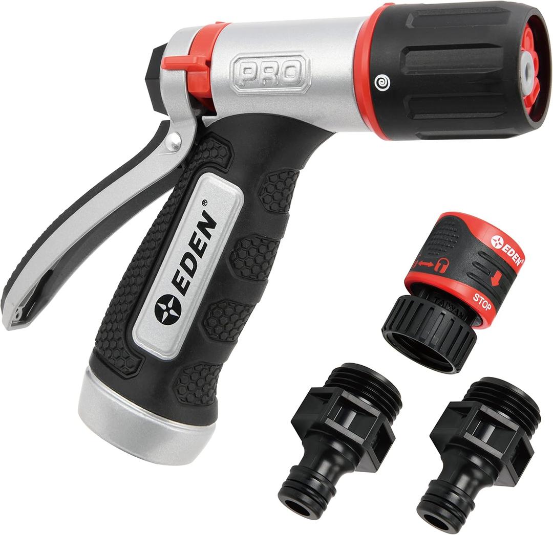 Eden 94844 Heavy Duty Metal Garden Hose Nozzle,HIGH Pressure 4-Pattern Watering Sprayer W/Quick Connector Set for Watering Garden, Lawns, Plants, Showering Pets, Washing Car