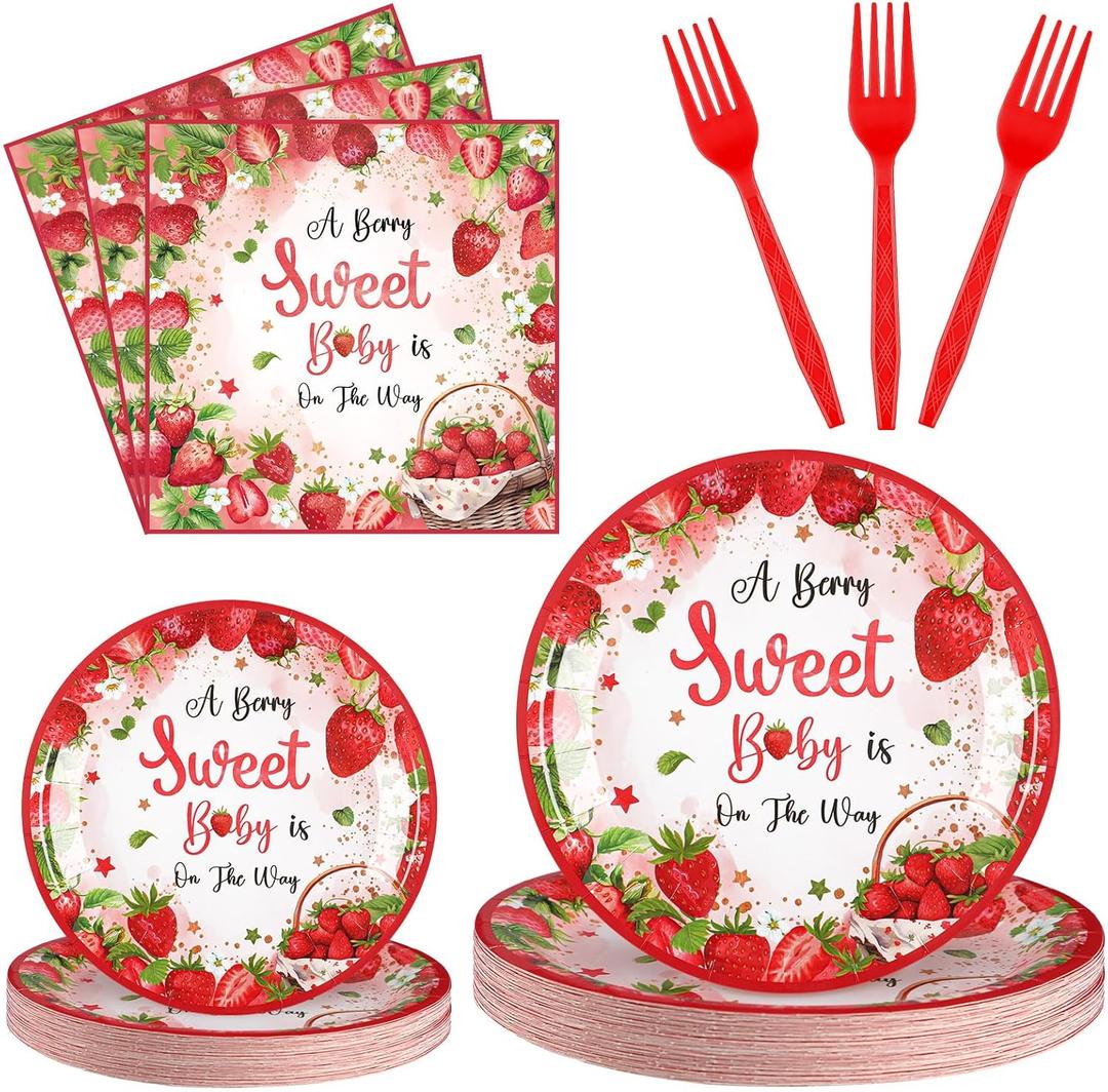 Sunnyray 96 Pieces Baby Shower Plates and Napkins Party Decorations Supplies Baby Shower Party Dessert Plates Napkins Forks for 24 Guests(A Berry Sweet Baby is on the Way)