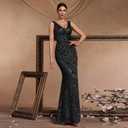 Elegant Long Sequin Formal Dress V-Neck Slit Design, Stretchy Fitted Glamorous (Black, XL)