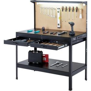 VEVOR Hardwood Workbench, 242.5 lbs Weight Capacity, 47.2-inch Heavy Duty Workbench with Pegboard, 4 AC Outlets & 2 USB Ports, 1.5m Cable & 30 Hooks, Garage Work Bench with Drawer for Workshop