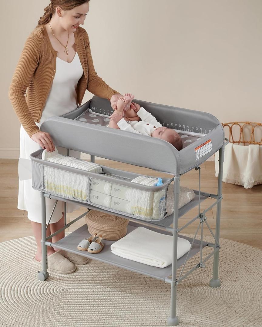BEKA Diaper Changing Station, Portable Changing Table for Baby, Waterproof, Folding Portable Changing Station, Adjustable Height w/Organizer, Mobile Nursery Diaper Changing Table for Baby, Newborn (Light Grey)