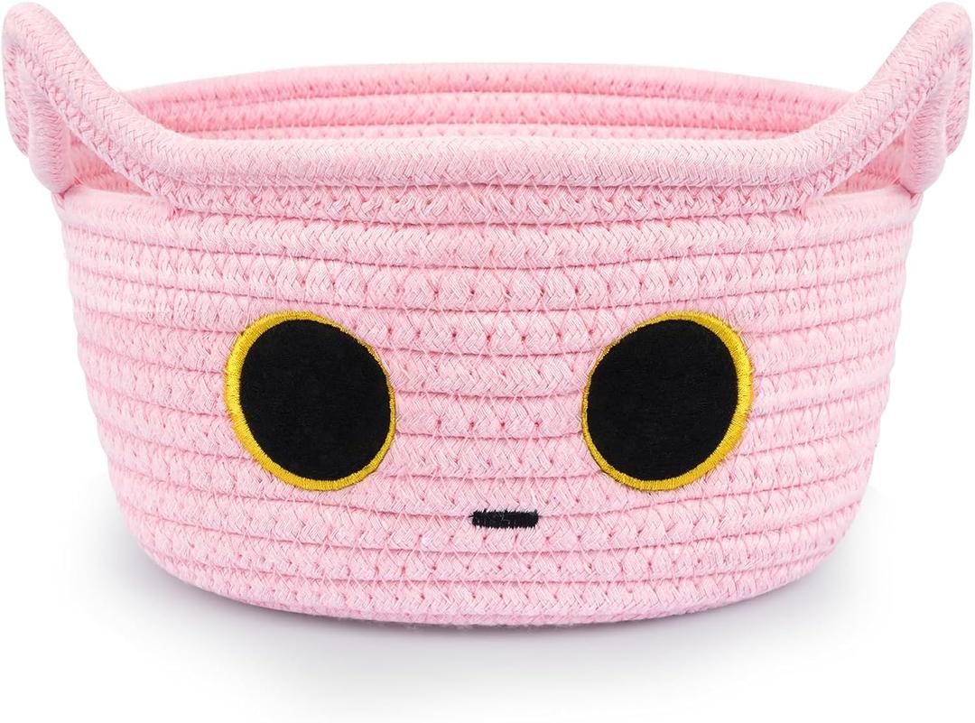 Small Storage Cat Basket, Pinks Cotton Rope Woven Basket for Nursery With Ears Toy Organizer Baskets for Gift, Cat Dog Bin Toys 8.54.5 inches