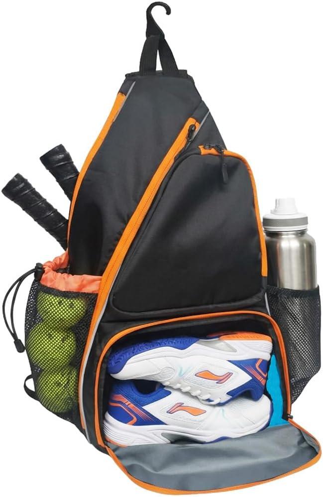 Pickleball Sling Bag with Shoe Compartment for Men Women, Professional 2-3 Paddle Backpack, Large Capacity Bag with 36oz Water Bottle Pocket & Fence Hook (Black/Amber)