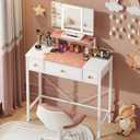 HIGDBFE Small Makeup Vanity Desk 27.5''W with Mirror and Lights, Vanity Desk with 3 Fabric Drawers and Height-Adjustable Stand, Vanity Table for Girls Gifts, Bedroom and Small Spaces, White&Pink
