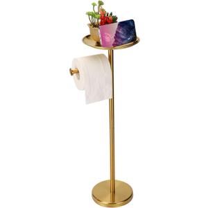 Toilet Paper Holder Stand Gold with Shelf on Top, Sturdy TP Roll Holder Floor Standing, Stainless Steel Base (Gold)